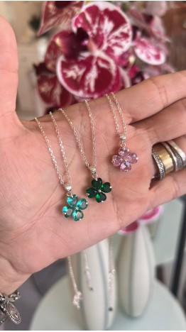 Conjunto Colar + Brincos trevos Prata 925 Rosa 