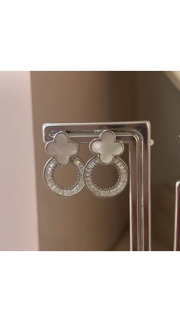BRINCOS TREVO MADREPEROLA COM ZIRCONIAS BAGUE DUPLO  PRATA 925