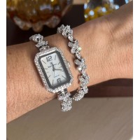 Relógio Retangular   Luxo Prata 925 com zirconias duplo Pulseira 