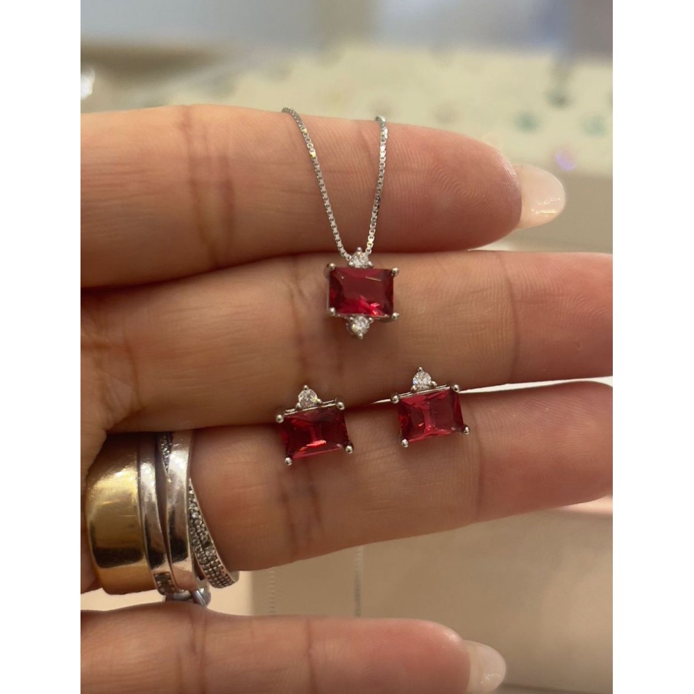 Conjunto Colar +Brincos Prata 925  Rubi/pink