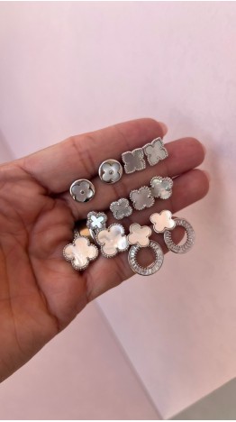 BRINCOS TREVO MADREPEROLA COM ZIRCONIAS BAGUE DUPLO  PRATA 925