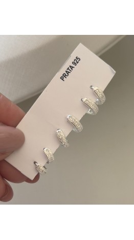 Brincos Trio Argolas Cravejadas Prata 925 Zirconias 