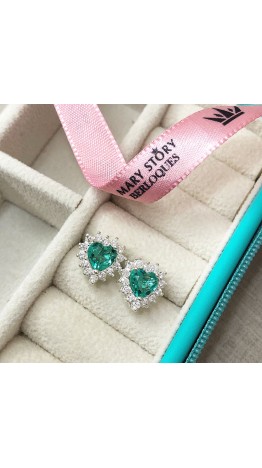 Brincos Zirconias Verde Jade Coração facetado Prata 925