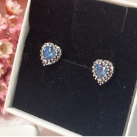Brincos Coração Azul  cravejado princesa Prata 925