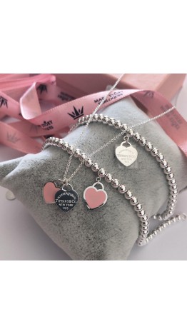  Pulseira Coração Rosa em Prata 925 