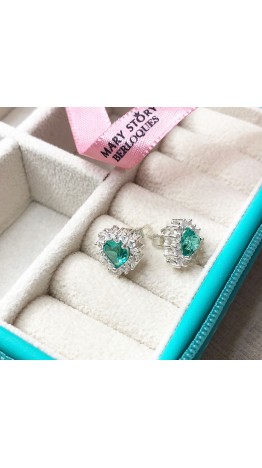 Brincos Zirconias Verde Jade Coração facetado Prata 925