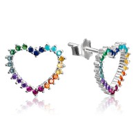 Brincos Coração Cravejado Colorido Prata 925 Brincos Coração Cravejado Colorido Prata 925