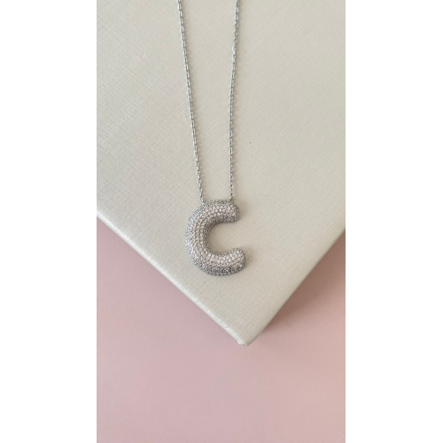 GARGANTILHA LETRA C  PRATA 925 ZIRCONIAS 