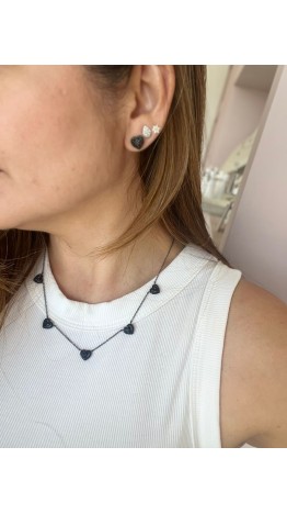 Conjunto Gargantilha & Brincos Onix /Ródio 