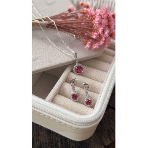 Conjunto Brincos& Gargantilha Prata 925 Zirconias Vermelho 