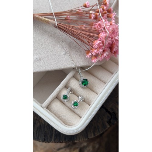 Conjunto Brinco s& Gargantilha Prata 925 Verde