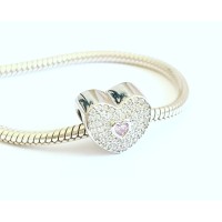 BE-107 Berloque Coração Romantico Prata e Zirconias Brancas 