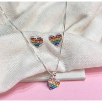 Conjunto Coração Colorido zirconias Prata 925
