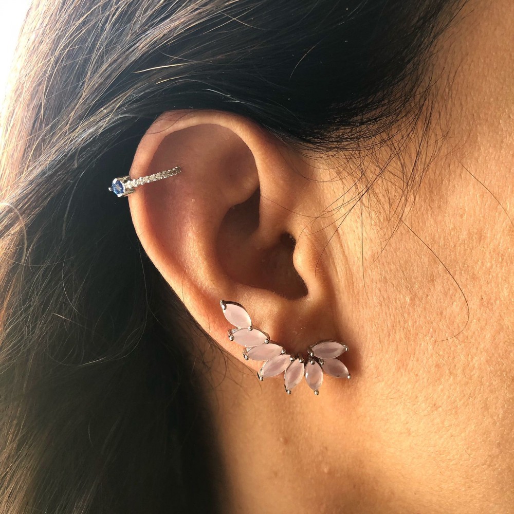 Brincos Ear Cuff em Prata e Pedra zirconias Rosa Claro.