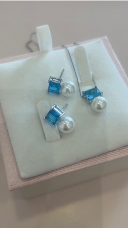 Gargantilha & Brincos Azul Tiffany / Pérolas Shell Prata 925