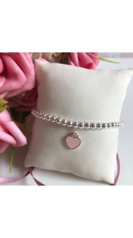  Pulseira Coração Rosa em Prata 925 