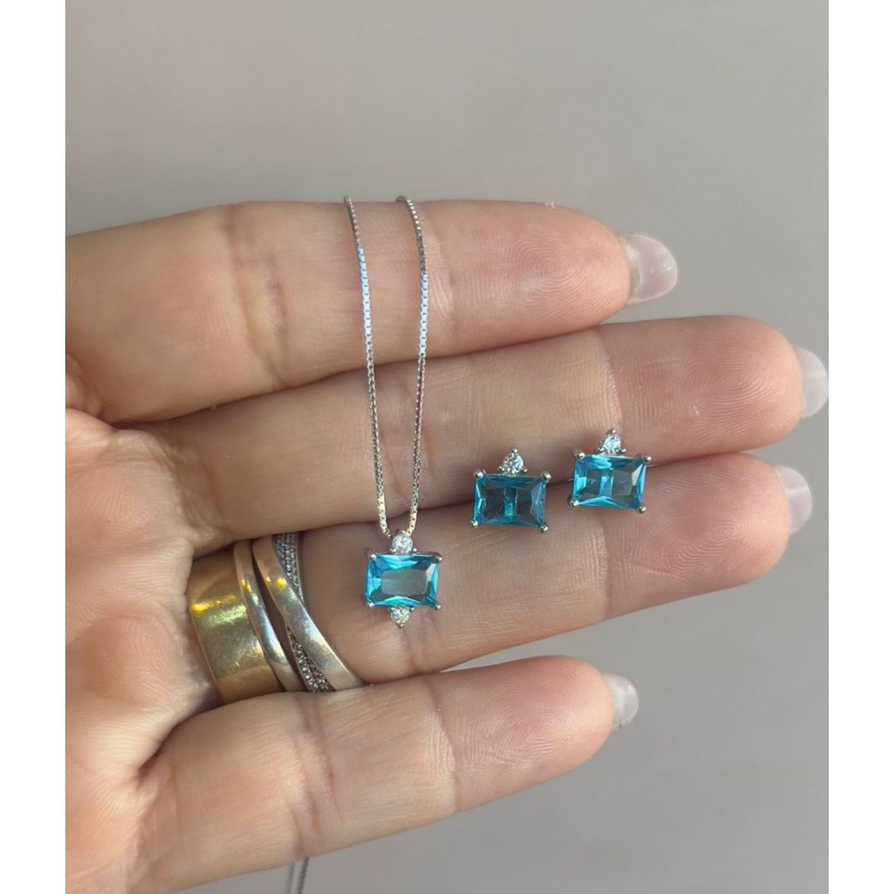conjunto Colar +Brincos Prata 925 azul Tiffany