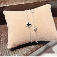 Pulseira Dupla Trevo Cravejado Madreperola Onix  Prata 925