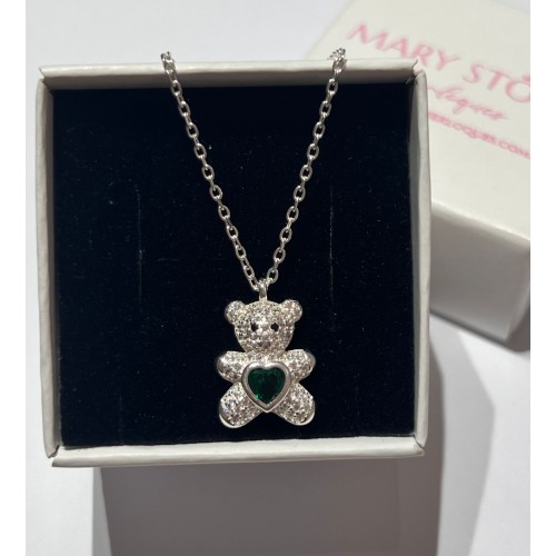 Gargantilha Urso Ted Cravejado Esmeralda prata 925