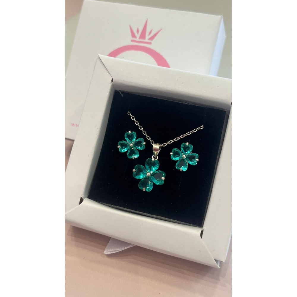 Conjunto Colar + Brincos trevos Prata 925 Esmeralda 