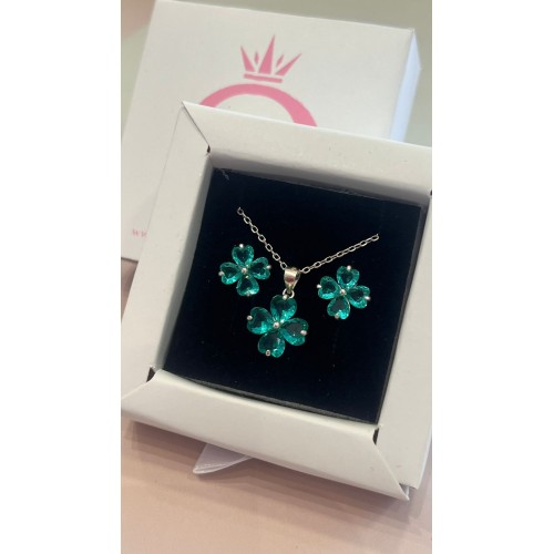 Conjunto Colar + Brincos trevos Prata 925 Esmeralda 