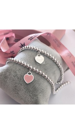  Pulseira Coração Rosa em Prata 925 