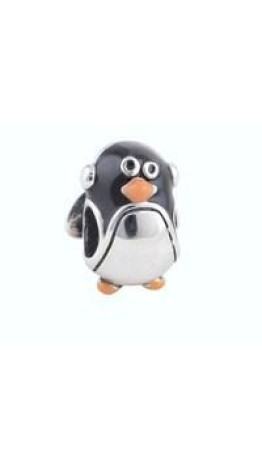 BE-274 Berloque Pinguim Feliz com Fone de Ouvidoem Prata e Esmalte