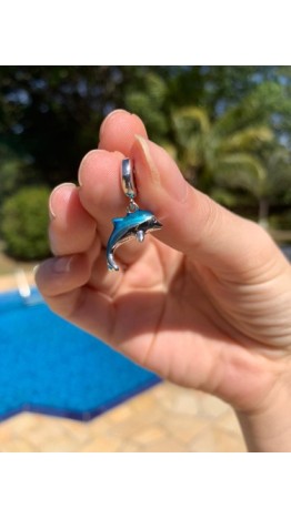 Berloque Golfinho Prata 925 Esmalte Azul 