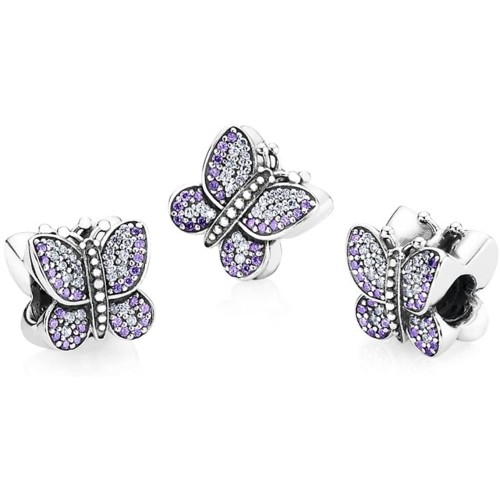 Berloque Borboleta Cravejada zir. lavanda e Branca Prata 925