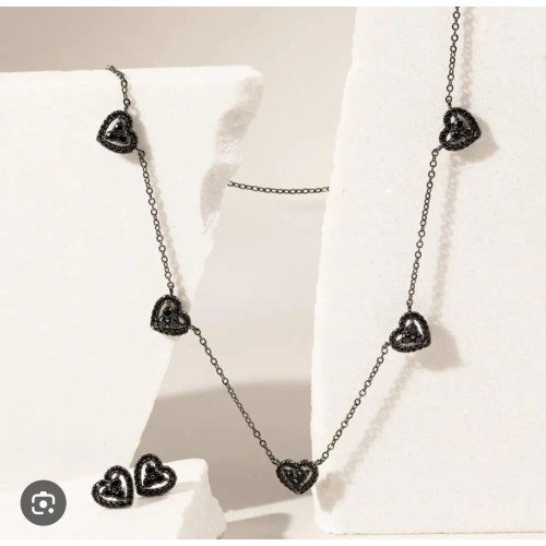 Conjunto Gargantilha & Brincos Onix /Ródio 