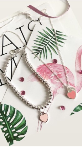  Pulseira Coração Rosa em Prata 925 