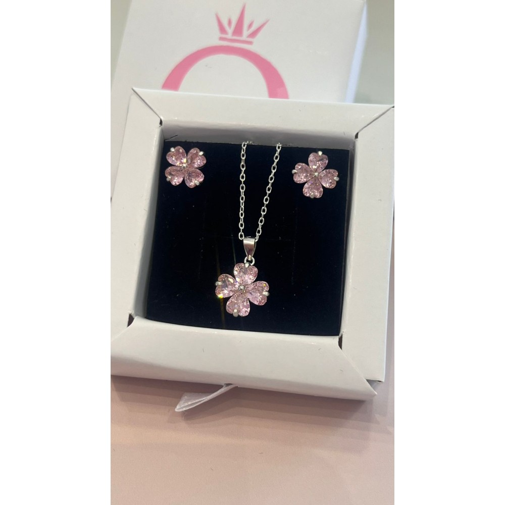Conjunto Colar + Brincos trevos Prata 925 Rosa 