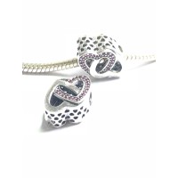 BE-111 Berloque corações Entrelaçados  Zirconias vermelhas e Prata