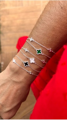 Pulseira Dupla Trevo Cravejado Madreperola Prata 925
