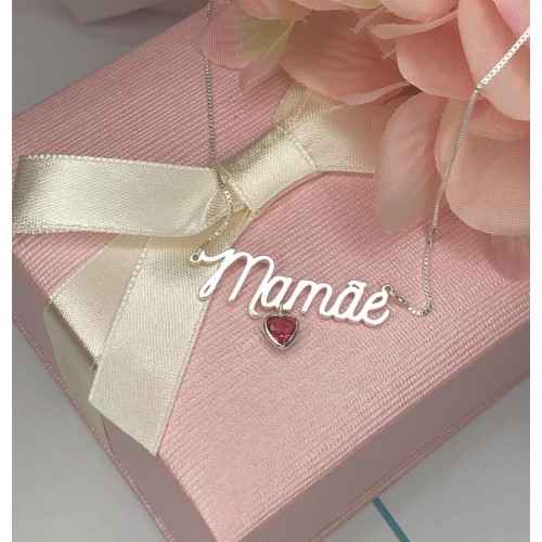 Gargantilha Mamãe em Prata 925 Zirconia Rosa