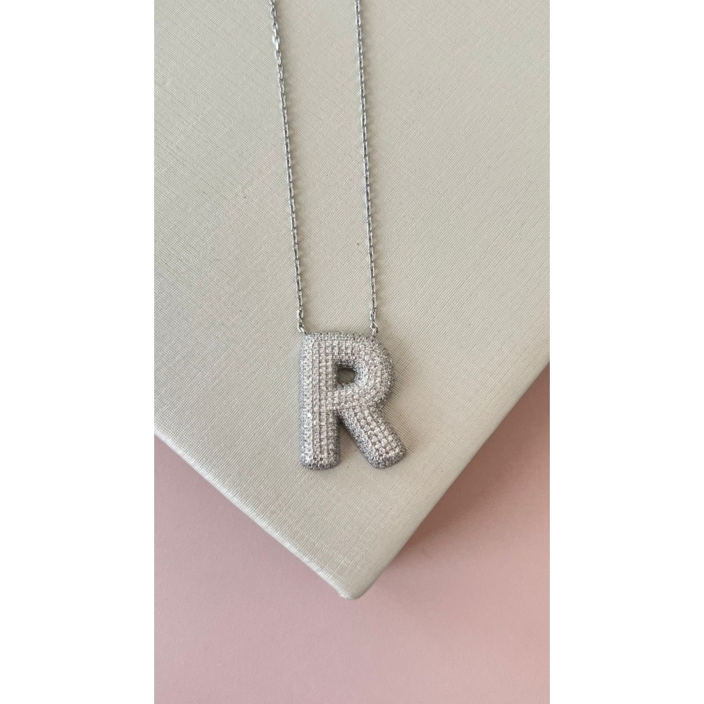 GARGANTILHA LETRA R PRATA 925 ZIRCONIAS 