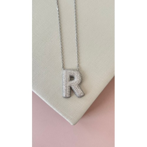 GARGANTILHA LETRA R PRATA 925 ZIRCONIAS 