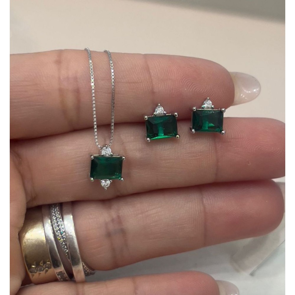 Conjunto Colar +Brincos Prata 925 l Esmeralda