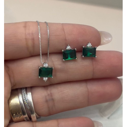 Conjunto Colar +Brincos Prata 925 l Esmeralda