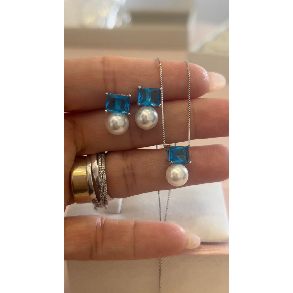 Gargantilha & Brincos Azul Tiffany / Pérolas Shell Prata 925