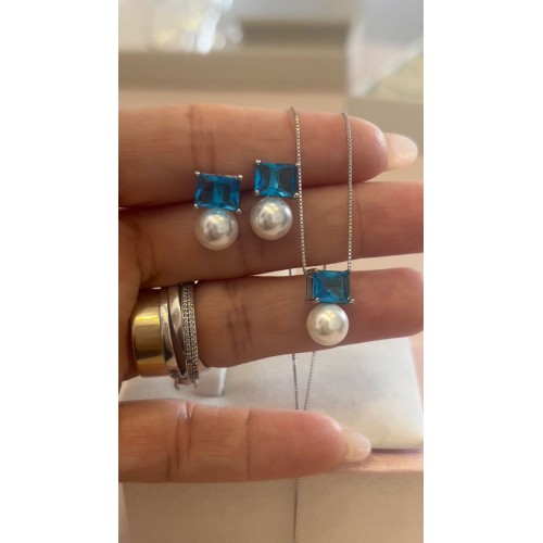 Gargantilha & Brincos Azul Tiffany / Pérolas Shell Prata 925