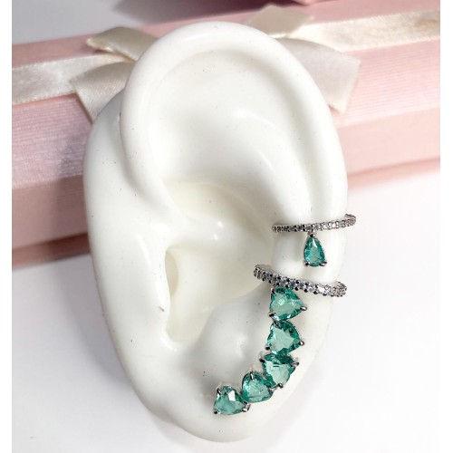 Brincos Ear cuff Verde esmeralda + 2 piercing fake zirconias 