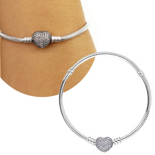 Pulseira Fecho coração  Pavê Cravejado Prata 925