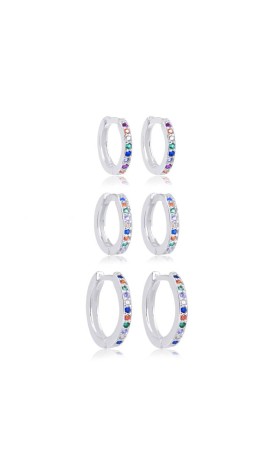 Trio Brincos Argolas Cravejadas Coloridas Prata925